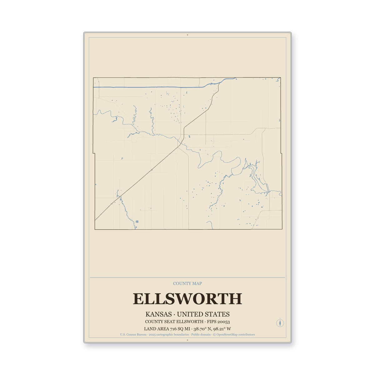 Ellsworth County, Kansas Map Aluminum Sign in Heritage Nautical style