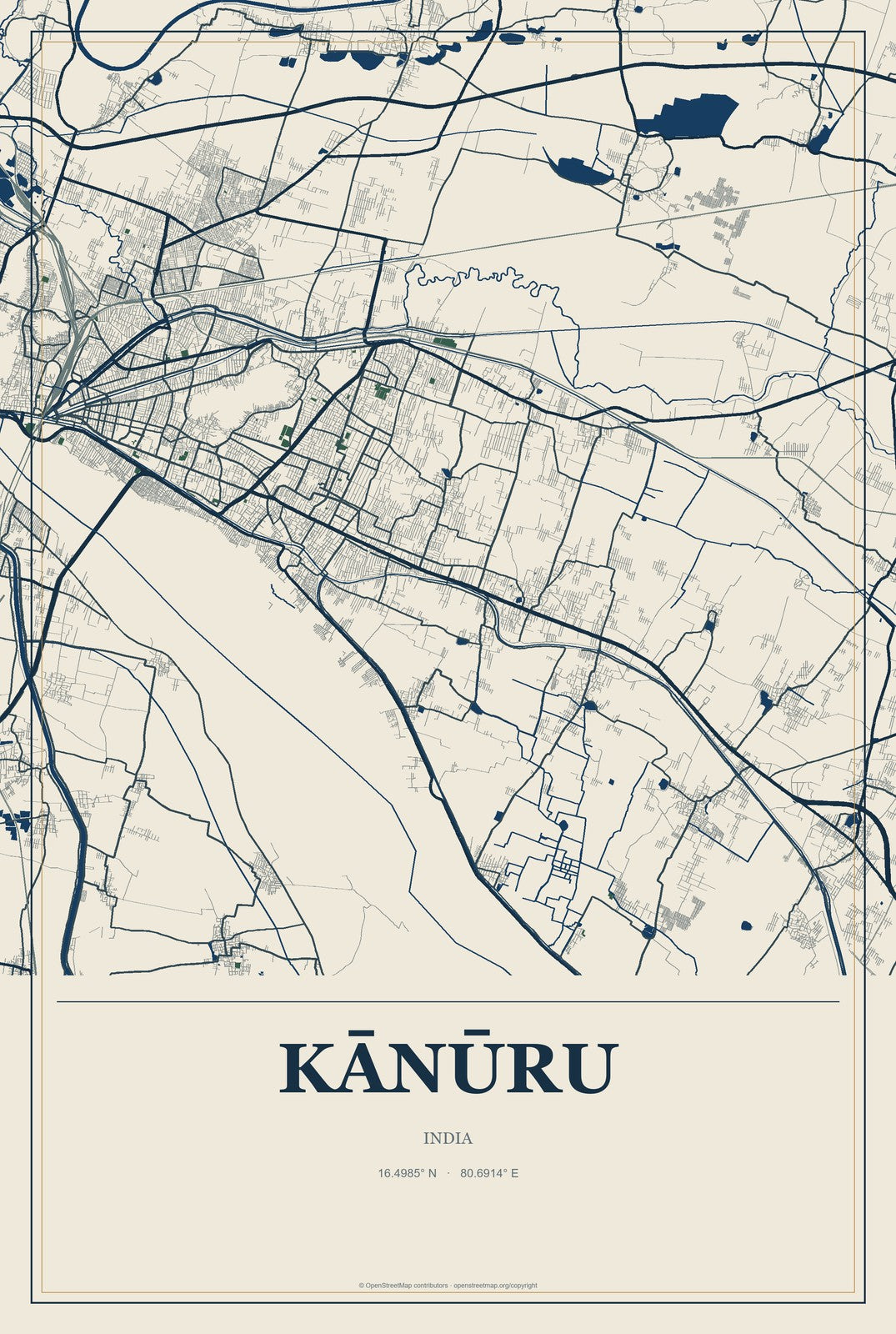 Kānūru, India City Map Aluminum Sign in Coastal Cutout style