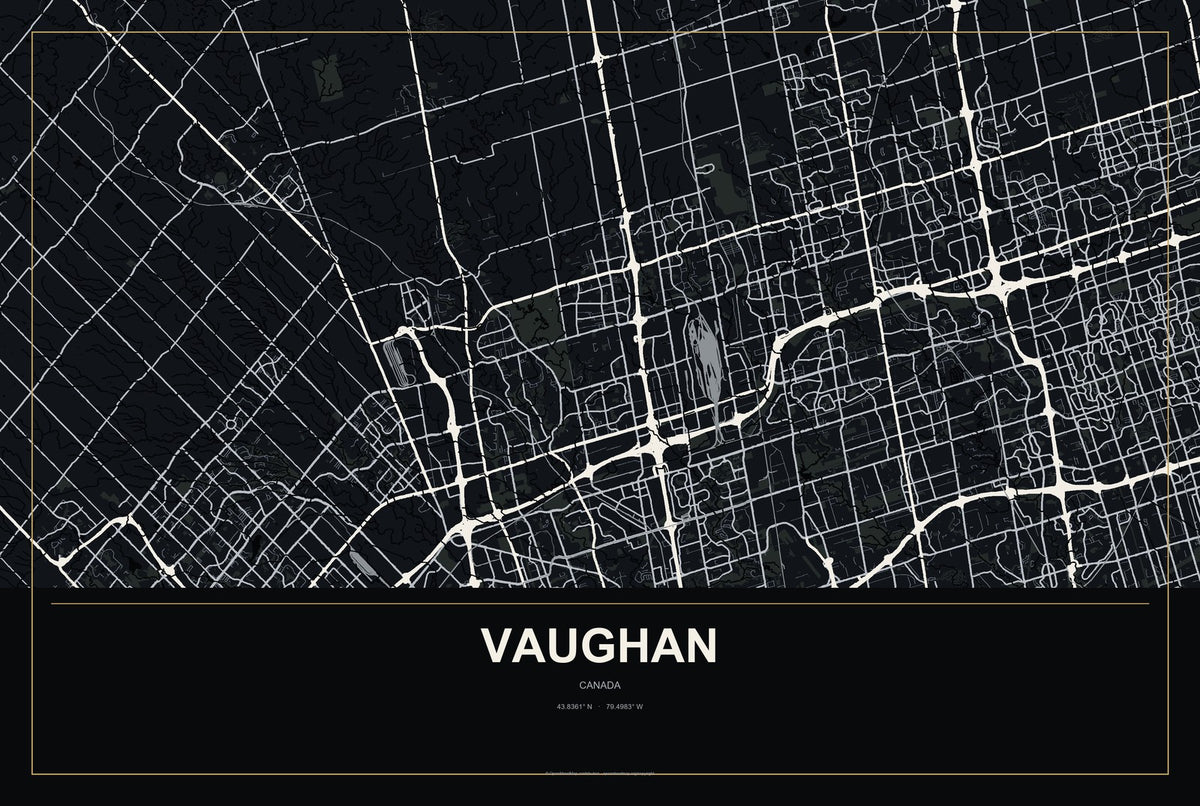 Vaughan, Canada City Map Aluminum Sign in Metropolitan Noir style