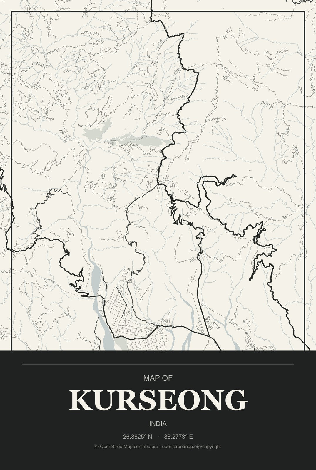 Kurseong, India City Map Aluminum Sign in Museum Plaque style