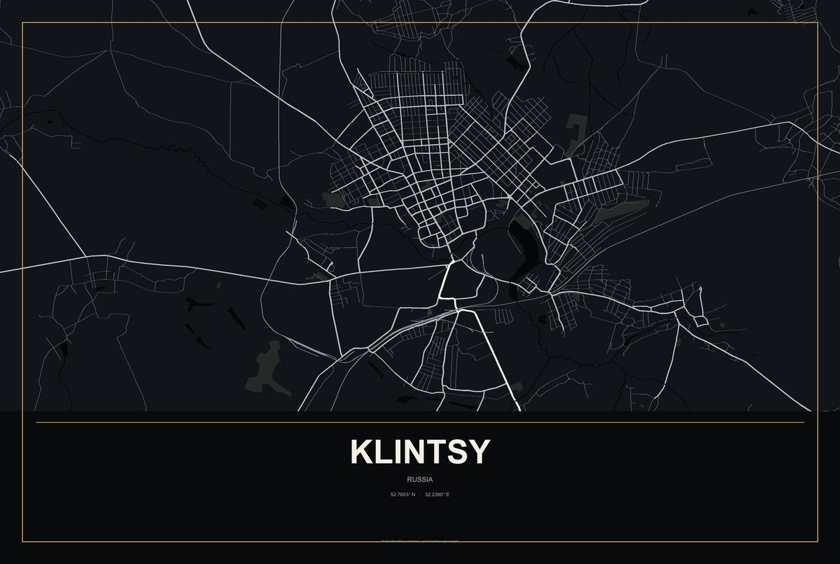 Klintsy, Russia City Map Aluminum Sign in Metropolitan Noir style
