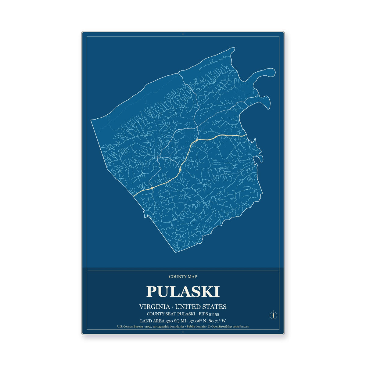 Pulaski County, Virginia Map Aluminum Sign in Harbor Cobalt style