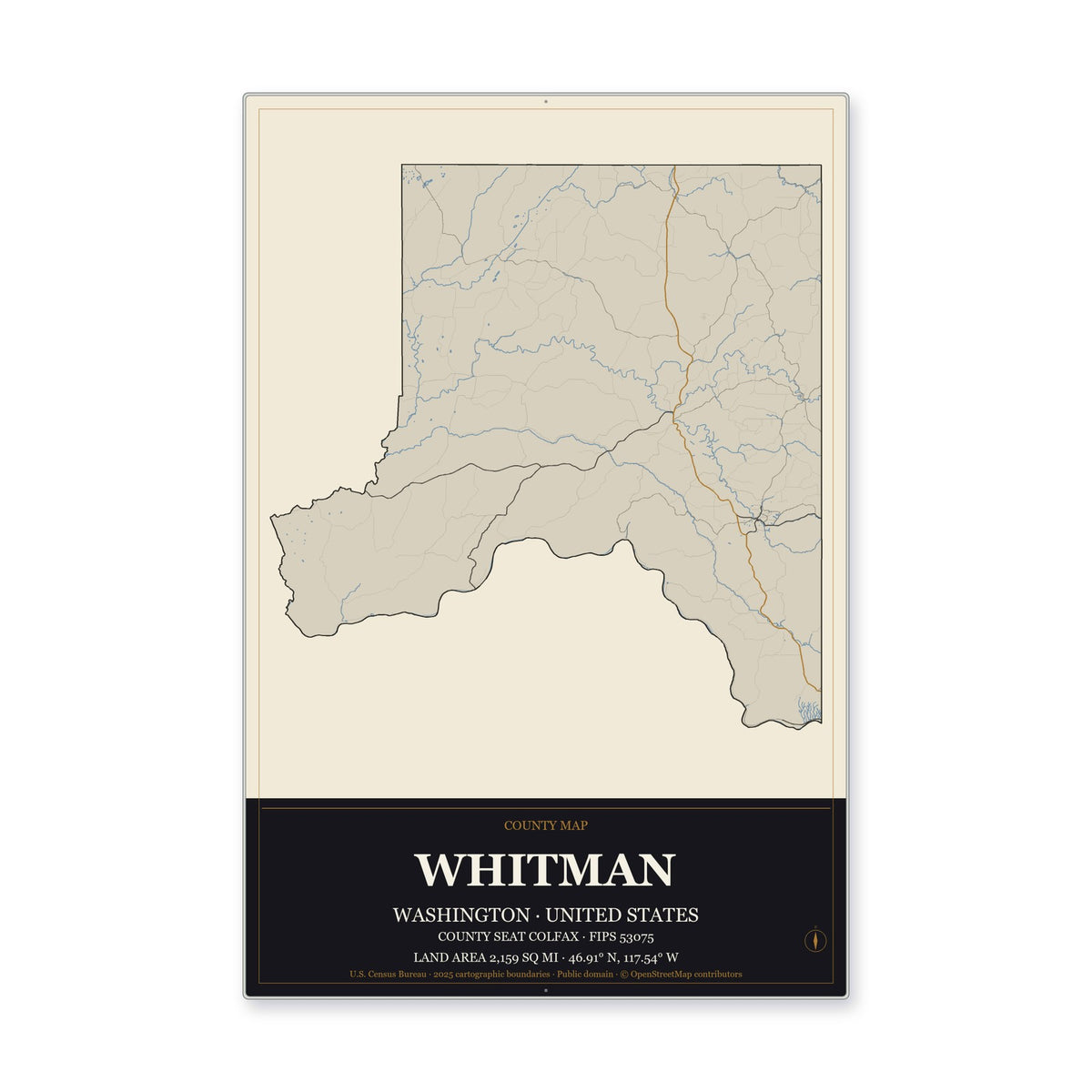 Whitman County, Washington Map Aluminum Sign in Museum Plaque style