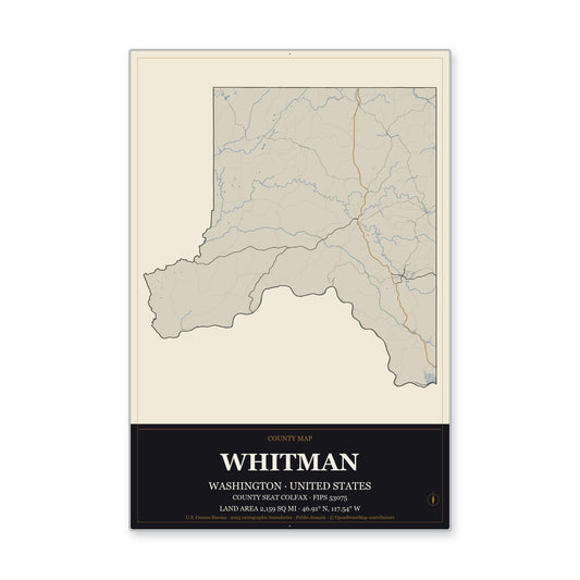 Whitman County, Washington Map Aluminum Sign in Museum Plaque style