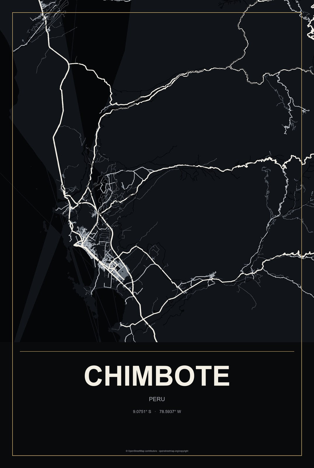 Chimbote, Peru City Map Aluminum Sign in Metropolitan Noir style