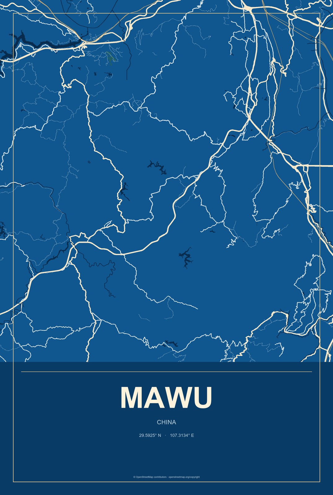 Mawu, Gansu, China City Map Aluminum Sign in Harbor Cobalt style