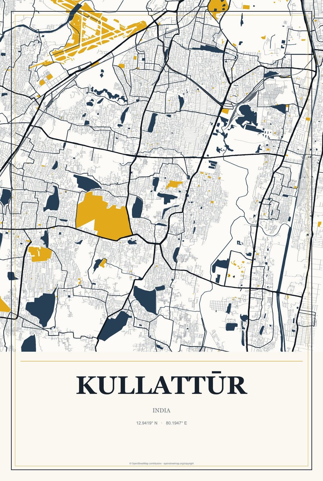 Kullattūr, India City Map Aluminum Sign in Citrine Modern style