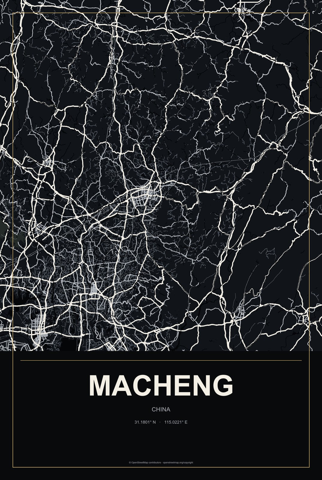 Macheng, China City Map Aluminum Sign in Metropolitan Noir style