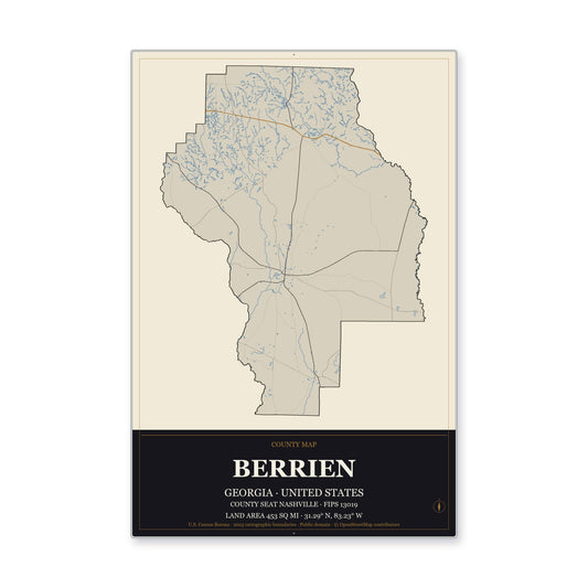 Berrien County, Georgia Map Aluminum Sign in Museum Plaque style