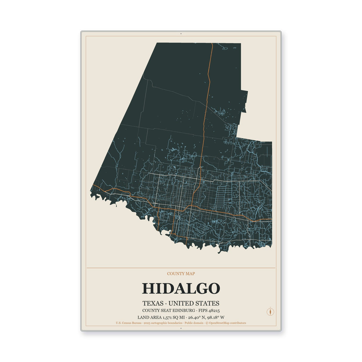 Hidalgo County, Texas Map Aluminum Sign in Headline Atlas style