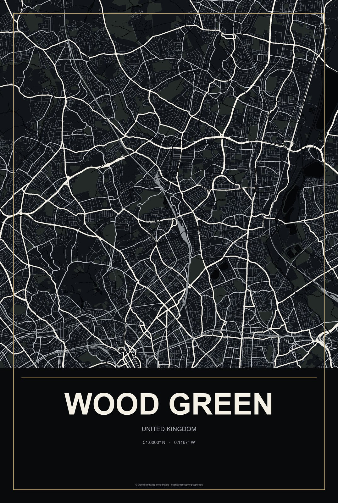 Wood Green, United Kingdom City Map Aluminum Sign in Metropolitan Noir style