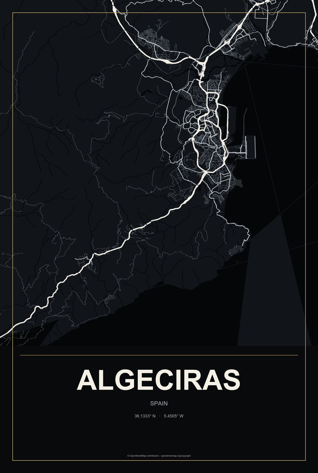 Algeciras, Spain City Map Aluminum Sign in Metropolitan Noir style