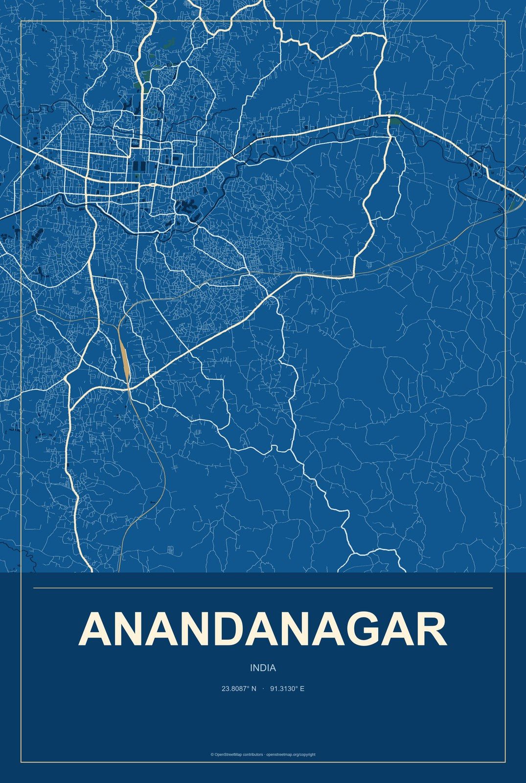 Anandanagar, India City Map Aluminum Sign in Harbor Cobalt style