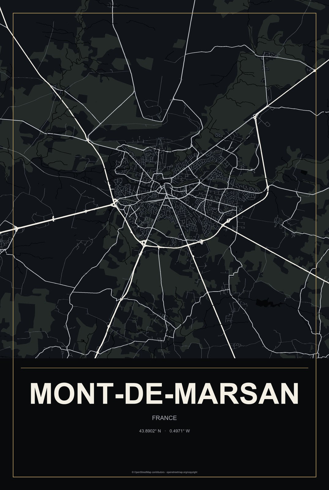 Mont-de-Marsan, France City Map Aluminum Sign in Metropolitan Noir style