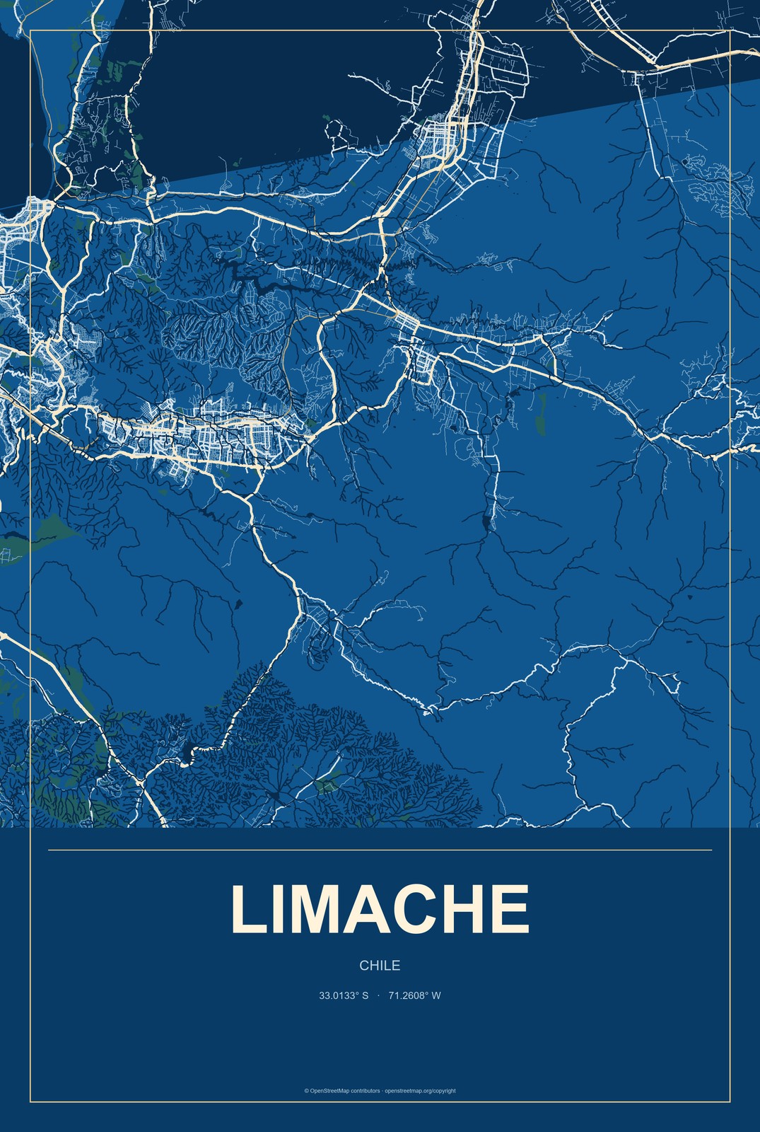 Limache, Chile City Map Aluminum Sign in Harbor Cobalt style