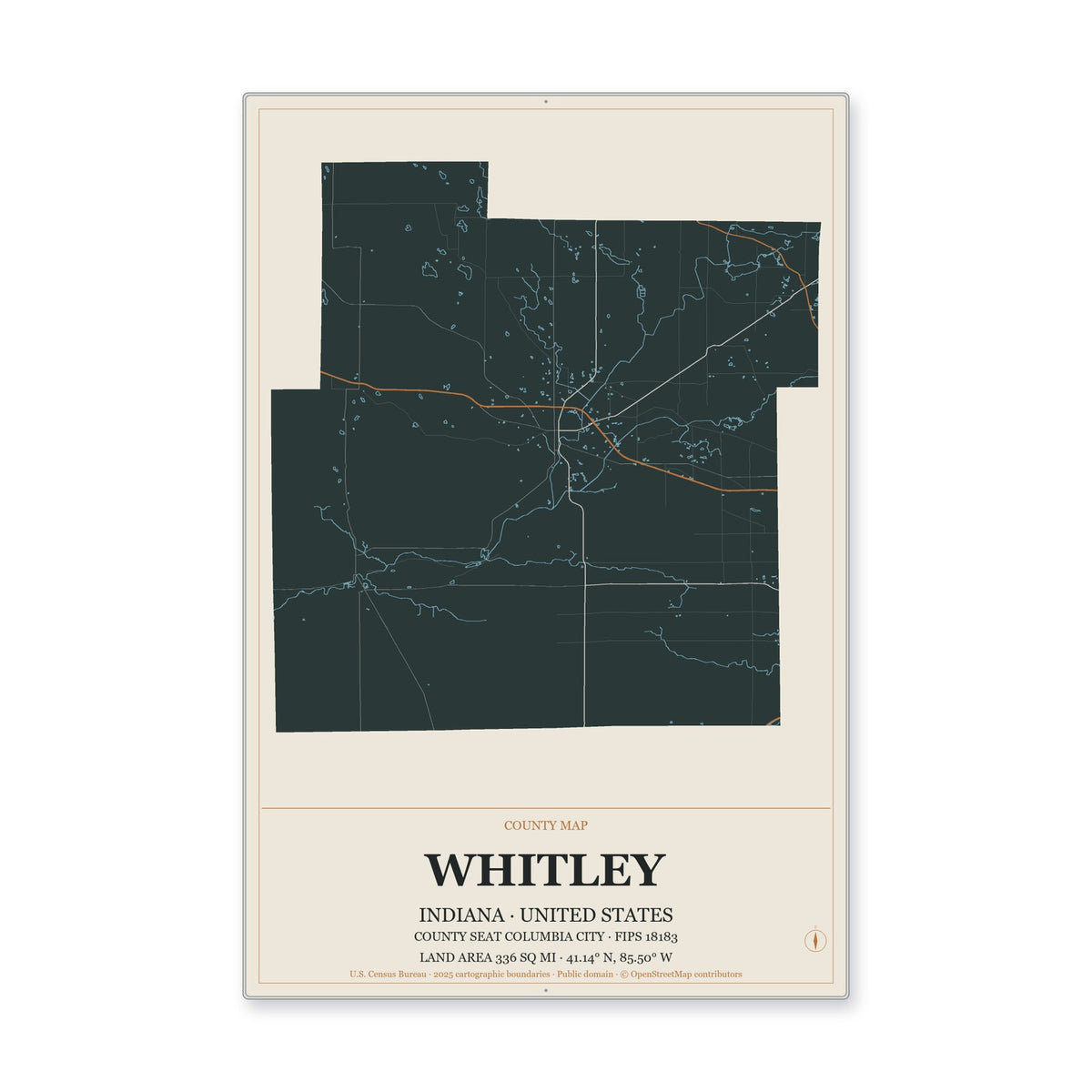 Whitley County, Indiana Map Aluminum Sign in Headline Atlas style