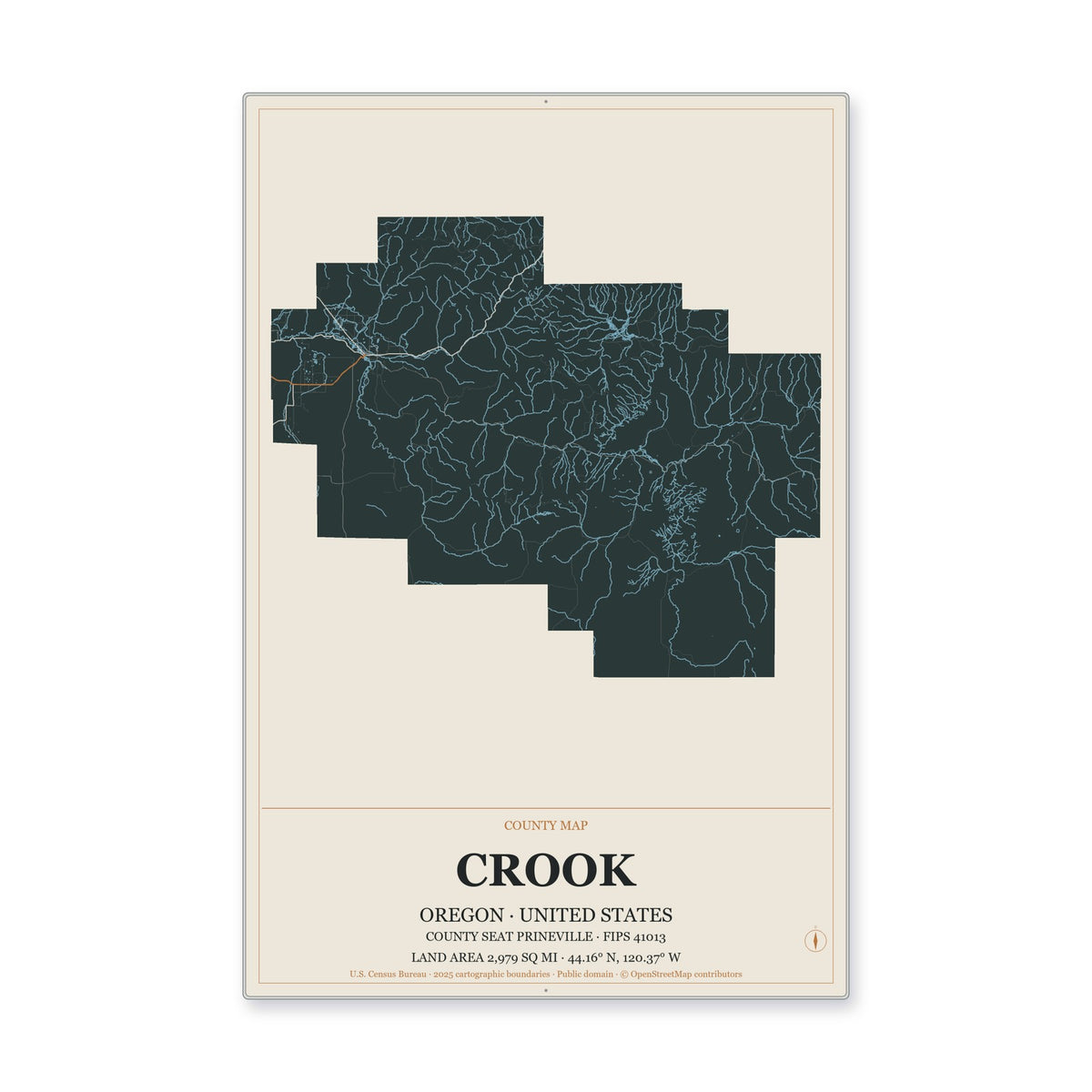 Crook County, Oregon Map Aluminum Sign in Headline Atlas style