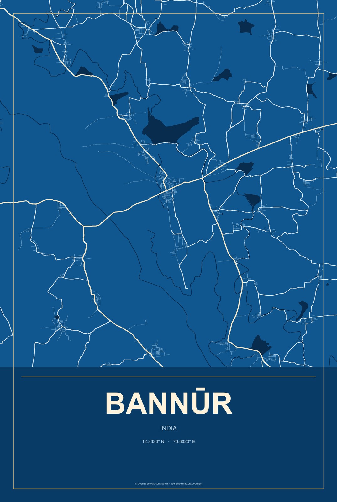 Bannūr, India City Map Aluminum Sign in Harbor Cobalt style
