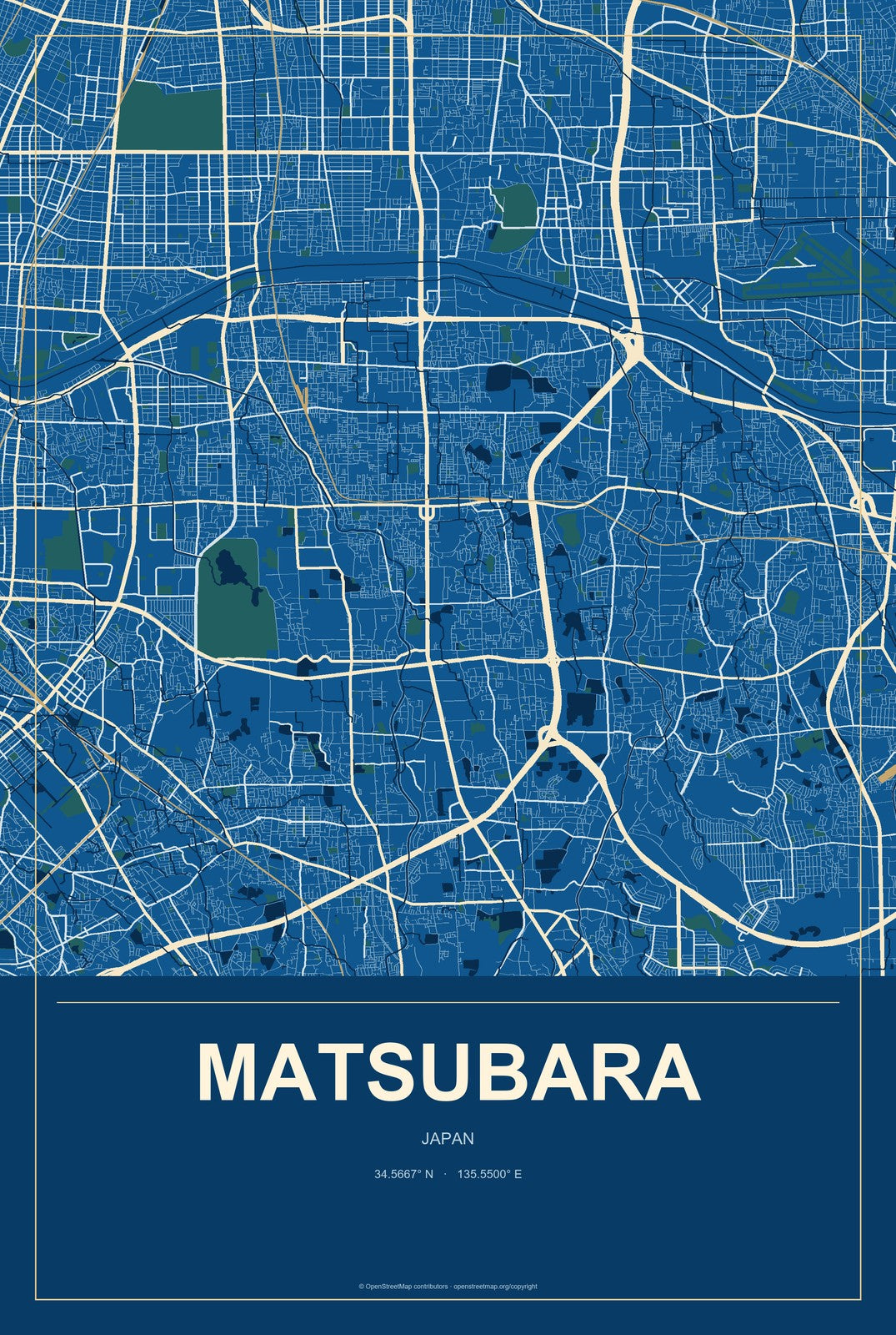Matsubara, Japan City Map Aluminum Sign in Harbor Cobalt style