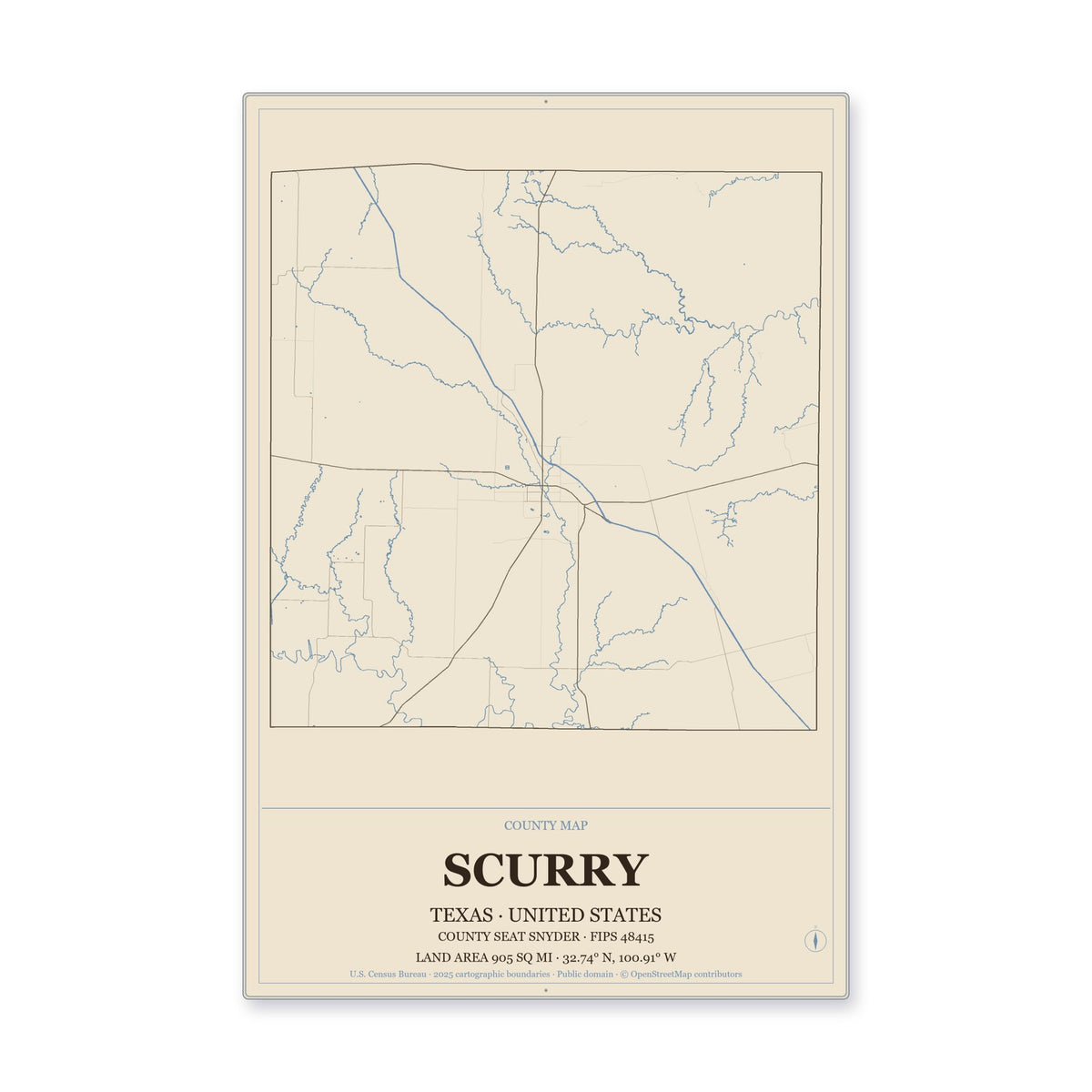 Scurry County, Texas Map Aluminum Sign in Heritage Nautical style