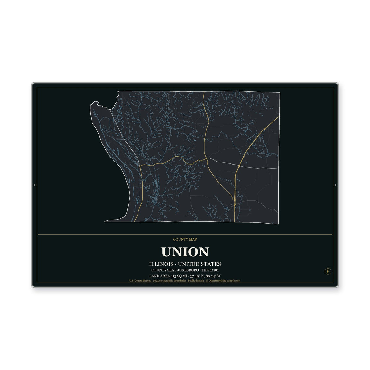 Union County, Illinois Map Aluminum Sign in Metropolitan Noir style
