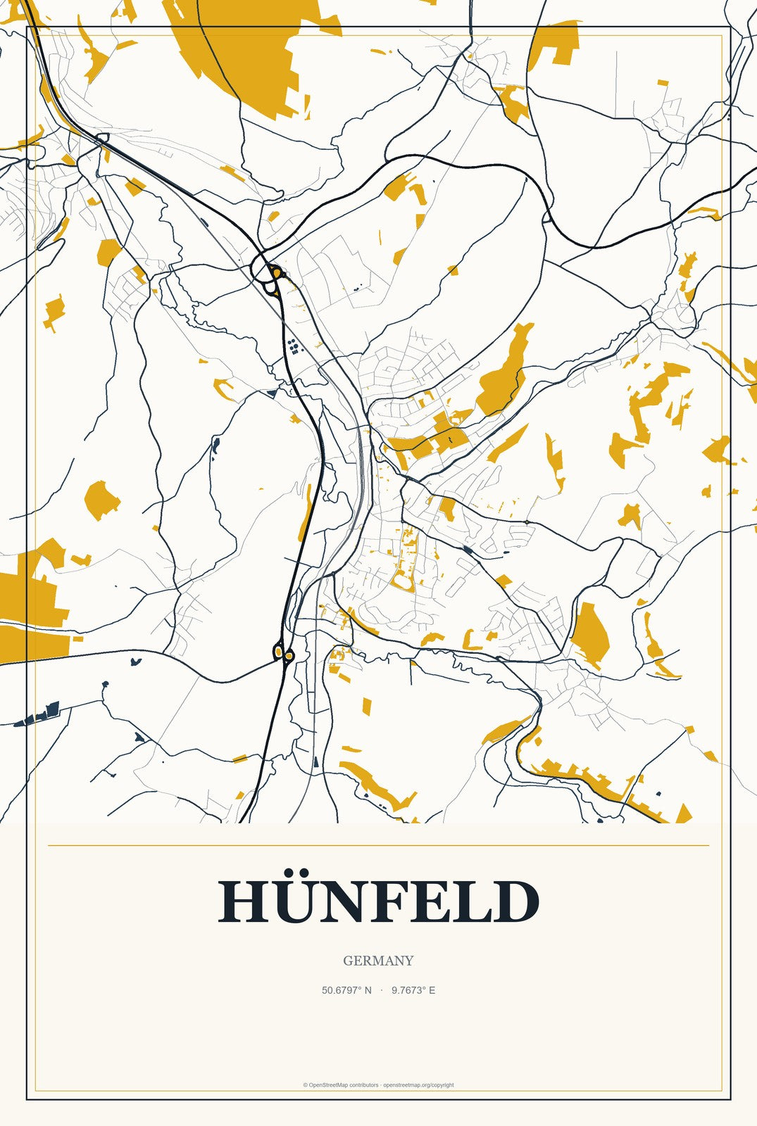 Hünfeld, Germany City Map Aluminum Sign in Citrine Modern style