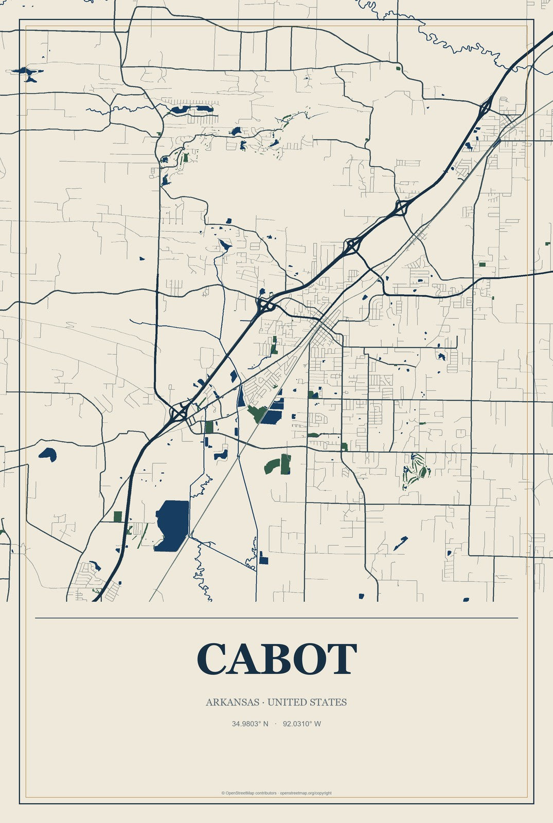 Cabot, Arkansas City Map Aluminum Sign in Coastal Cutout style