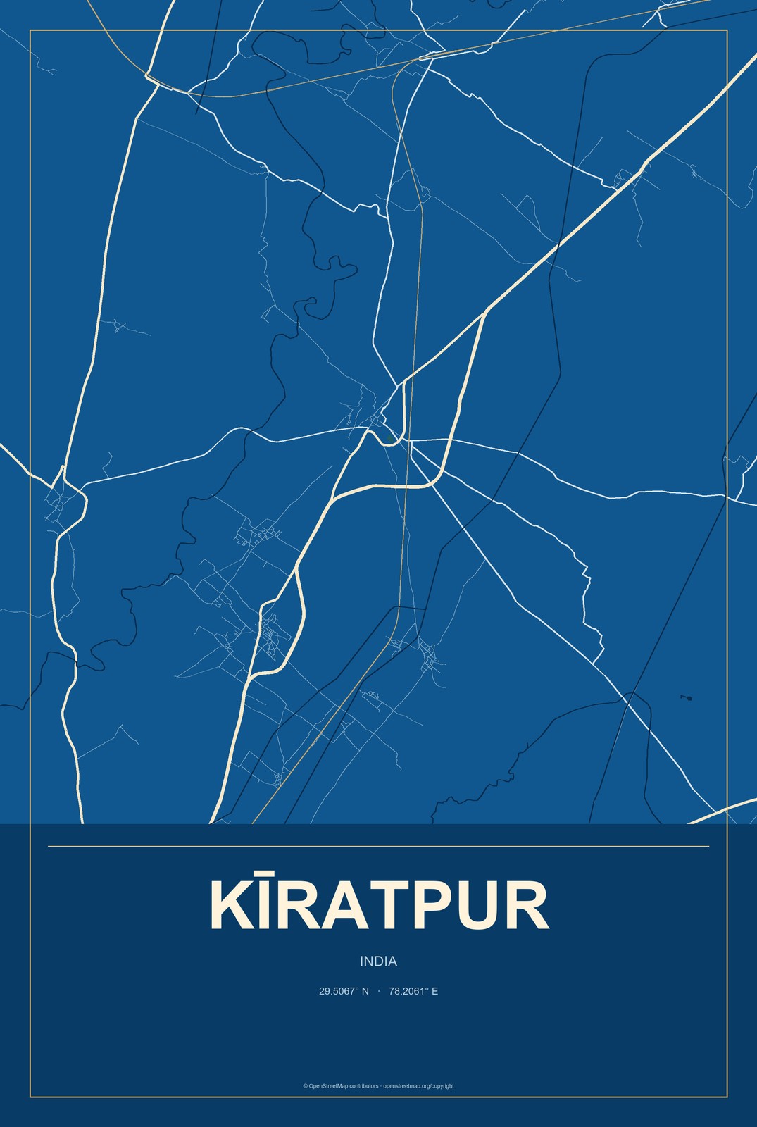 Kīratpur, India City Map Aluminum Sign in Harbor Cobalt style