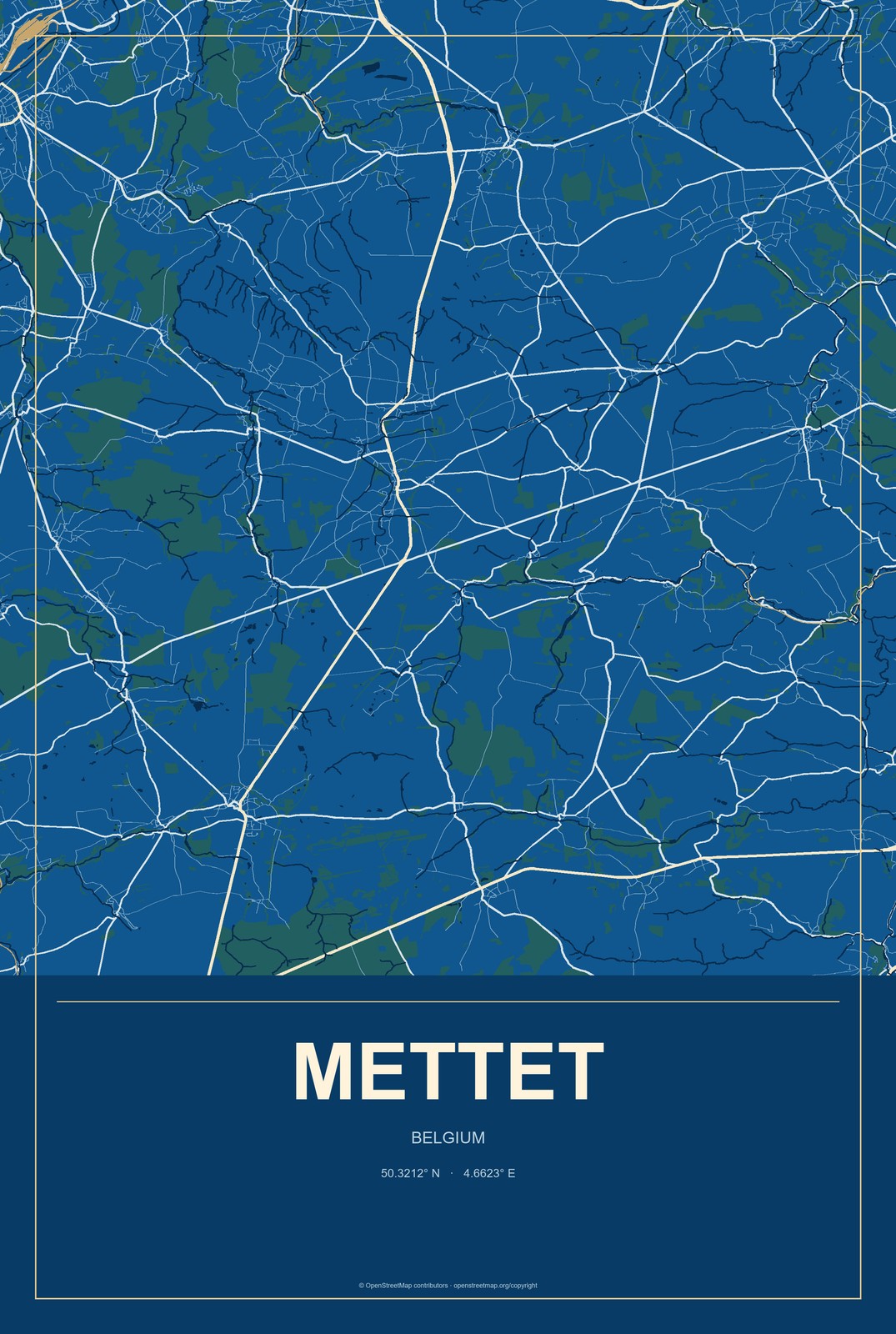 Mettet, Belgium City Map Aluminum Sign in Harbor Cobalt style