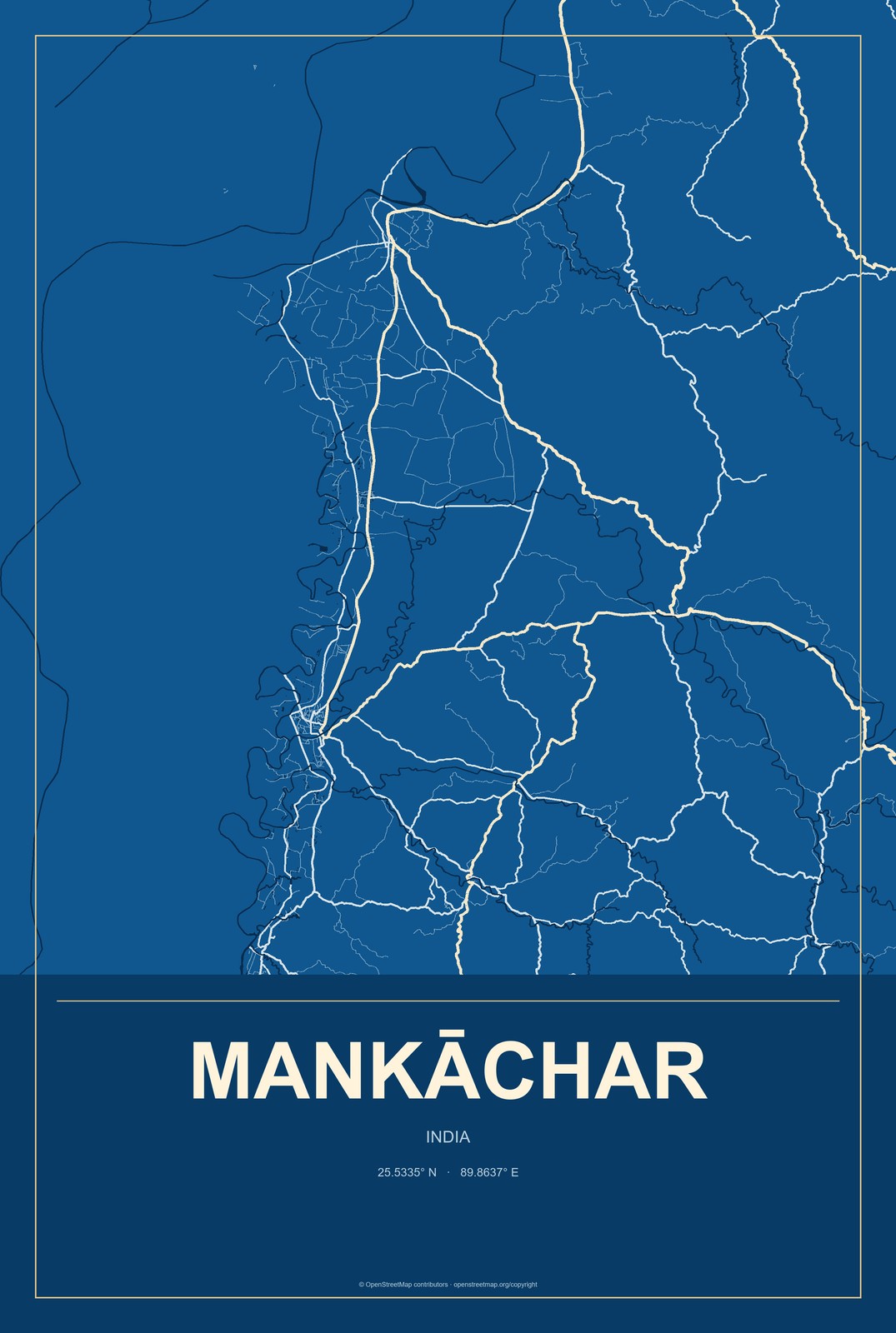 Mankāchar, India City Map Aluminum Sign in Harbor Cobalt style