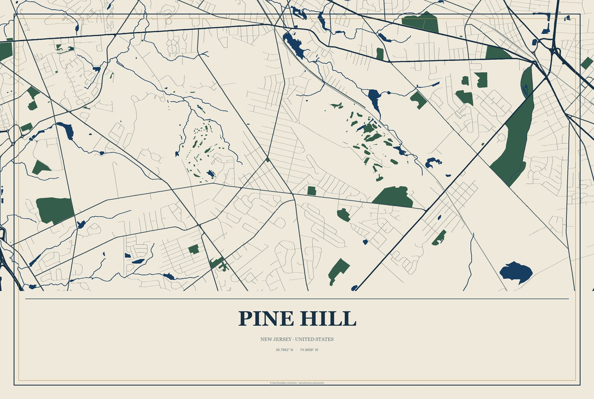 Pine Hill, New Jersey City Map Aluminum Sign in Coastal Cutout style