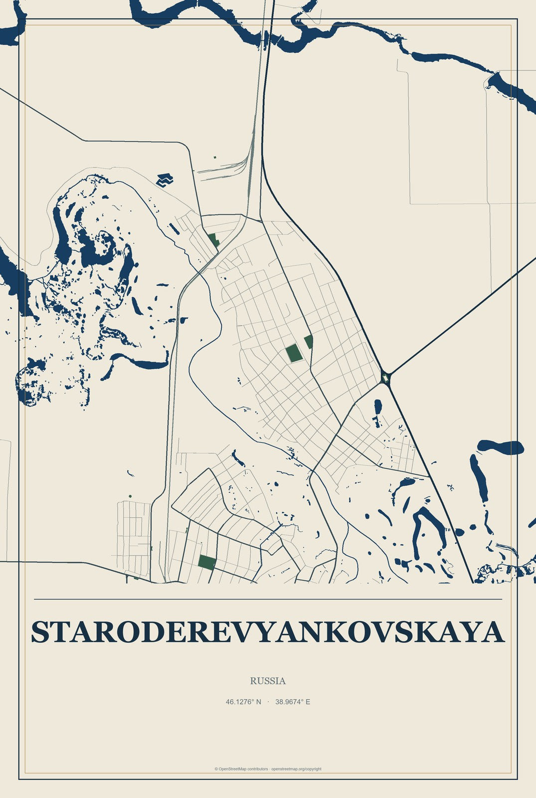Staroderevyankovskaya, Russia City Map Aluminum Sign in Coastal Cutout style