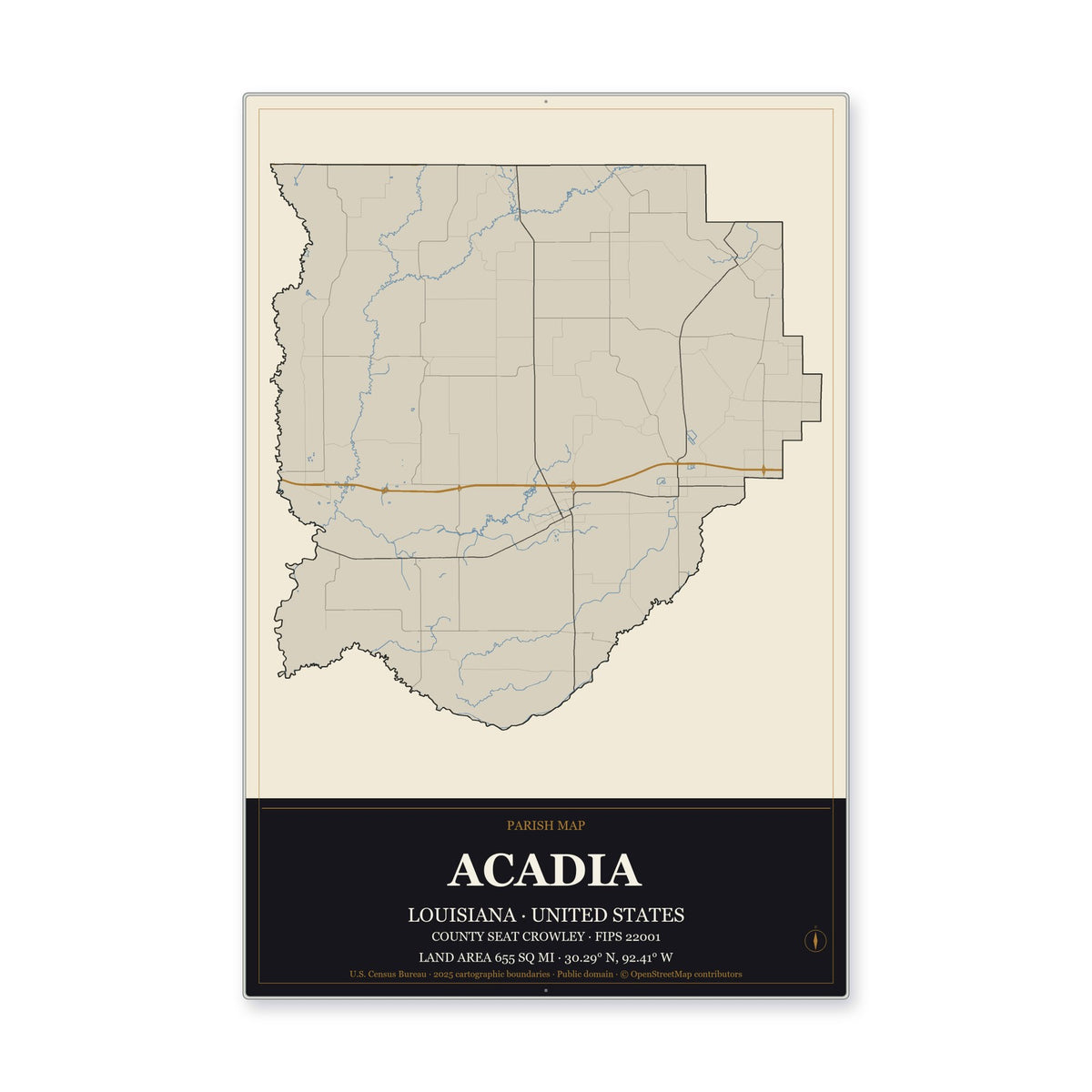 Acadia Parish, Louisiana Map Aluminum Sign in Museum Plaque style