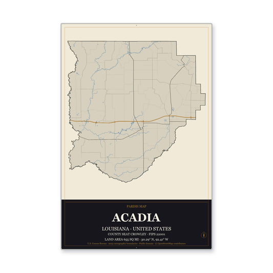 Acadia Parish, Louisiana Map Aluminum Sign in Museum Plaque style