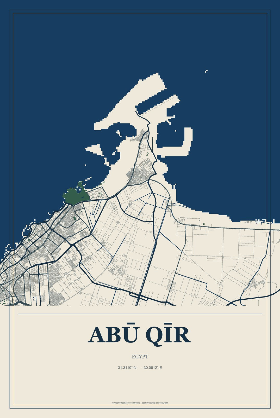 Abū Qīr, Egypt City Map Aluminum Sign in Coastal Cutout style
