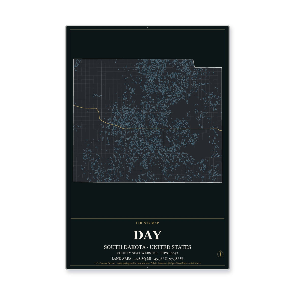 Day County, South Dakota Map Aluminum Sign in Metropolitan Noir style