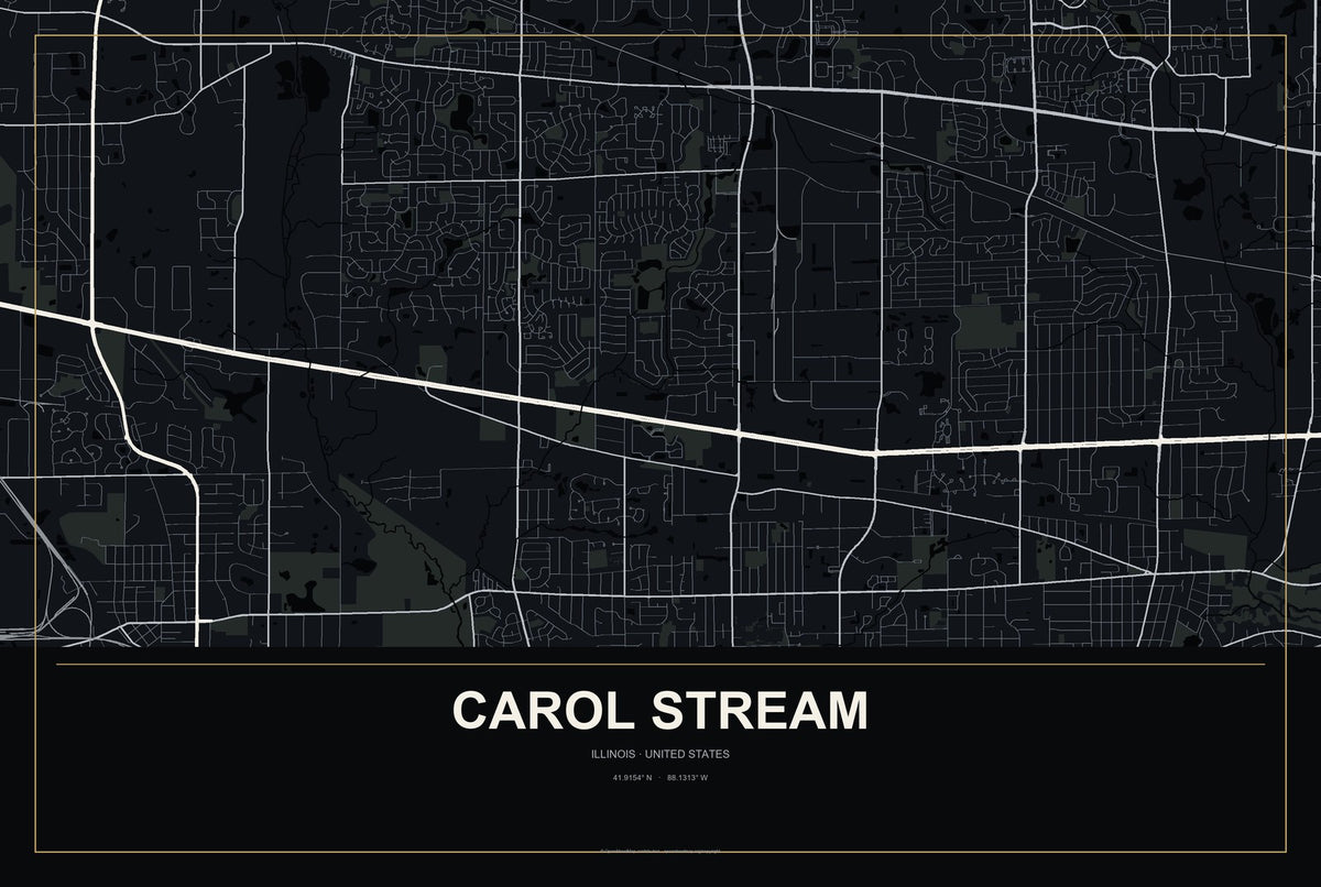 Carol Stream, Illinois City Map Aluminum Sign in Metropolitan Noir style