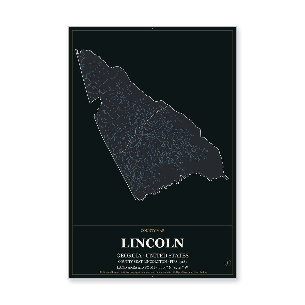 Lincoln County, Georgia Map Aluminum Sign in Metropolitan Noir style