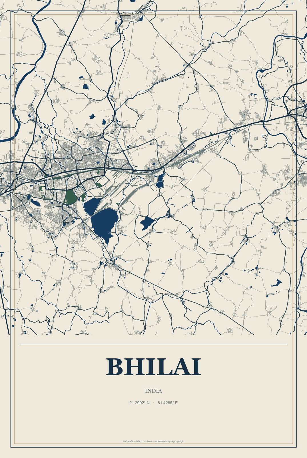 Bhilai, India City Map Aluminum Sign in Coastal Cutout style