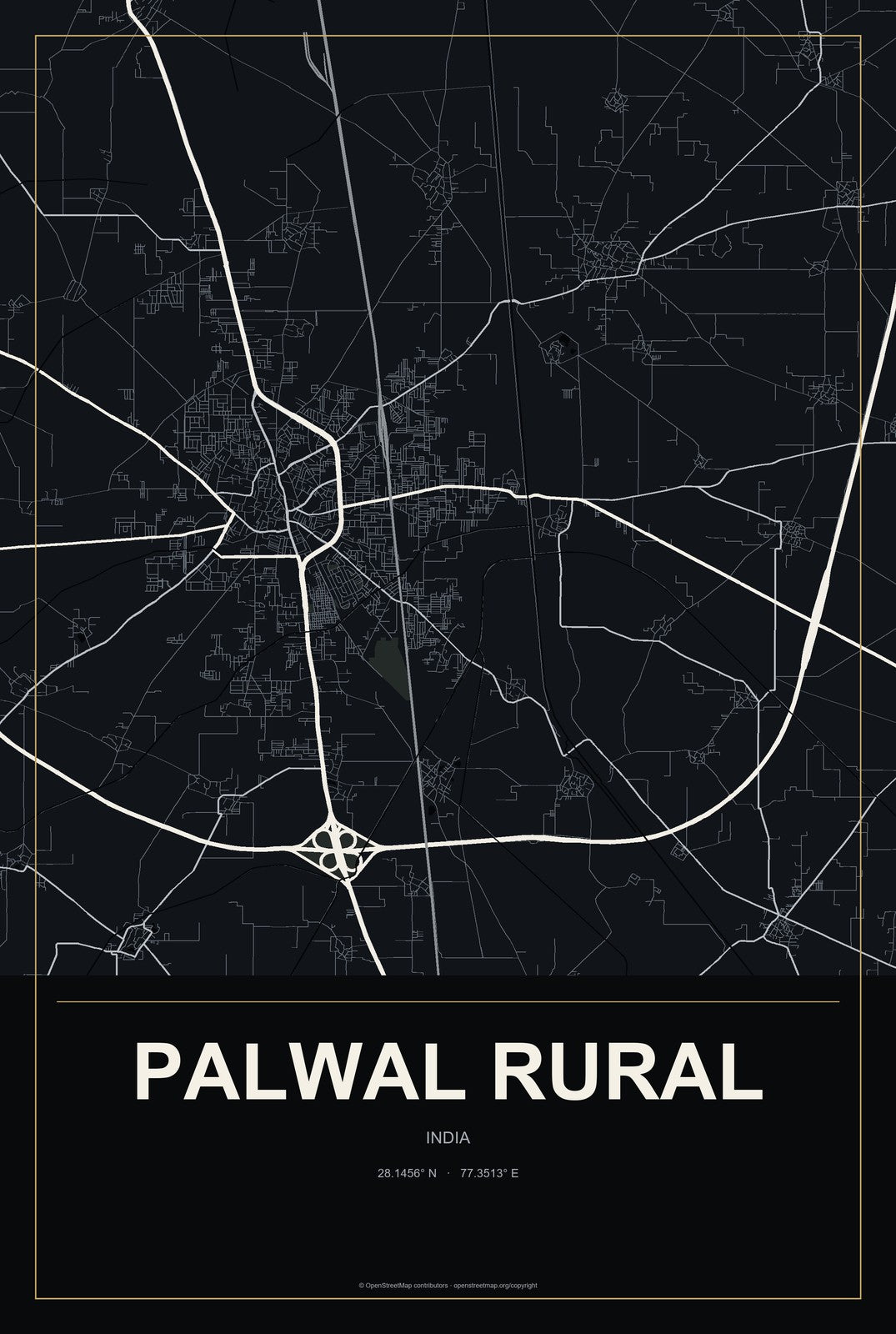 Palwal Rural, India City Map Aluminum Sign in Metropolitan Noir style