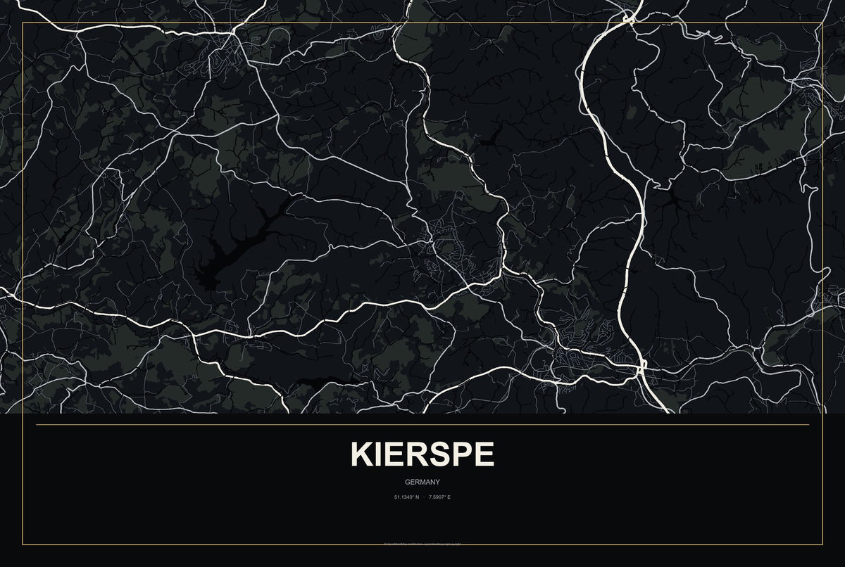 Kierspe, Germany City Map Aluminum Sign in Metropolitan Noir style