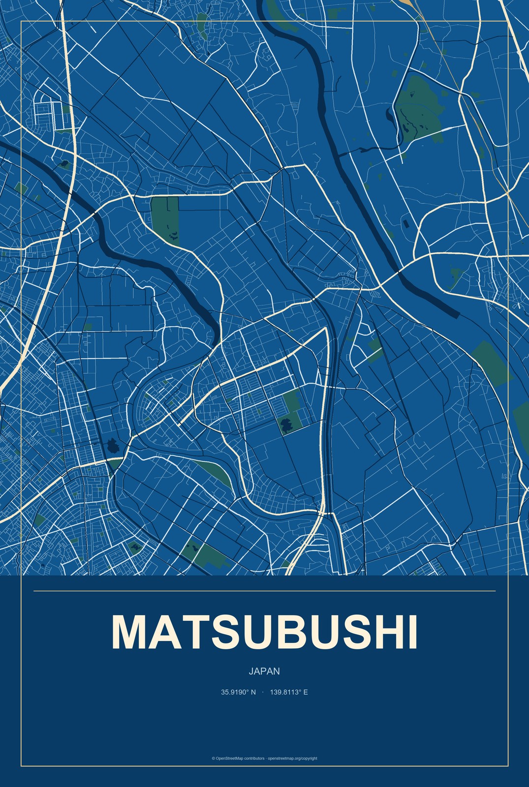 Matsubushi, Japan City Map Aluminum Sign in Harbor Cobalt style