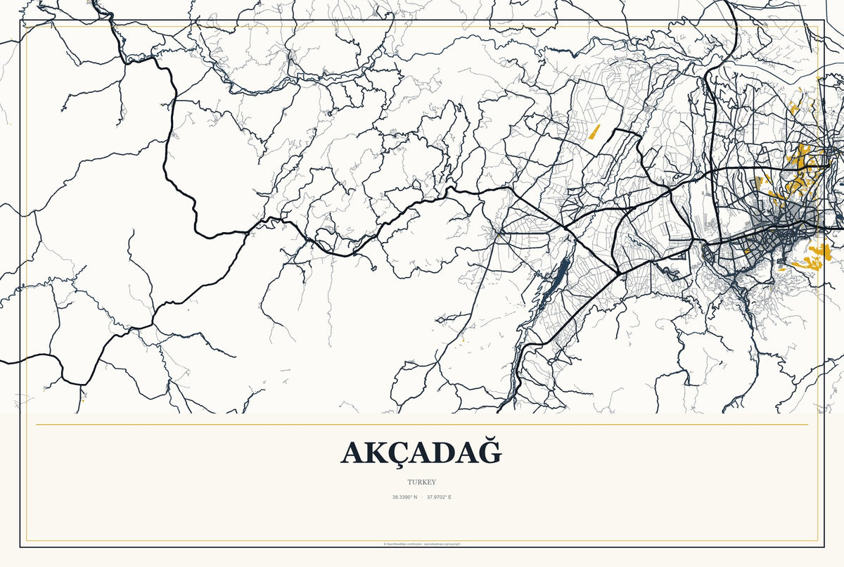 Akçadağ, Turkey City Map Aluminum Sign in Citrine Modern style