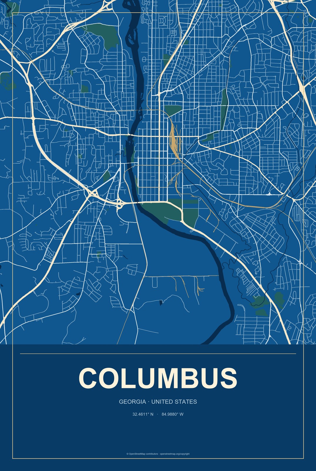 Columbus, Georgia City Map Aluminum Sign in Harbor Cobalt style