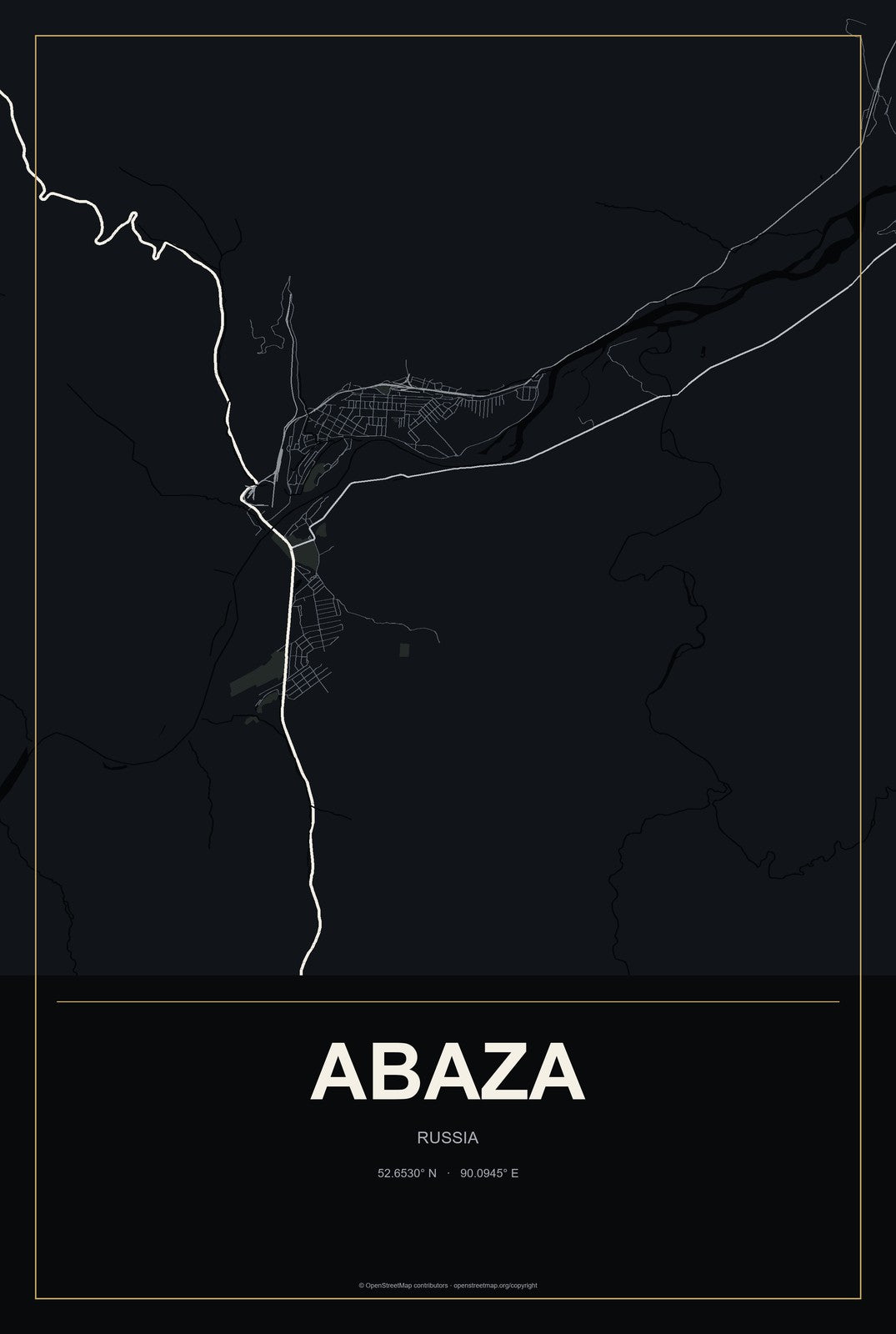 Abaza, Russia City Map Aluminum Sign in Metropolitan Noir style