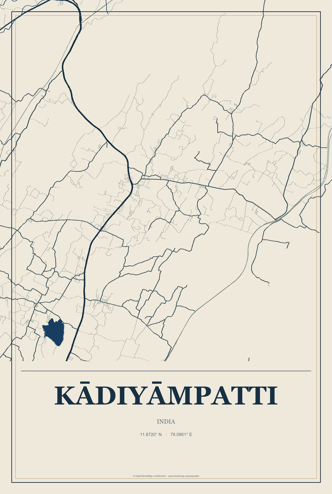 Kādiyāmpatti, India City Map Aluminum Sign in Coastal Cutout style