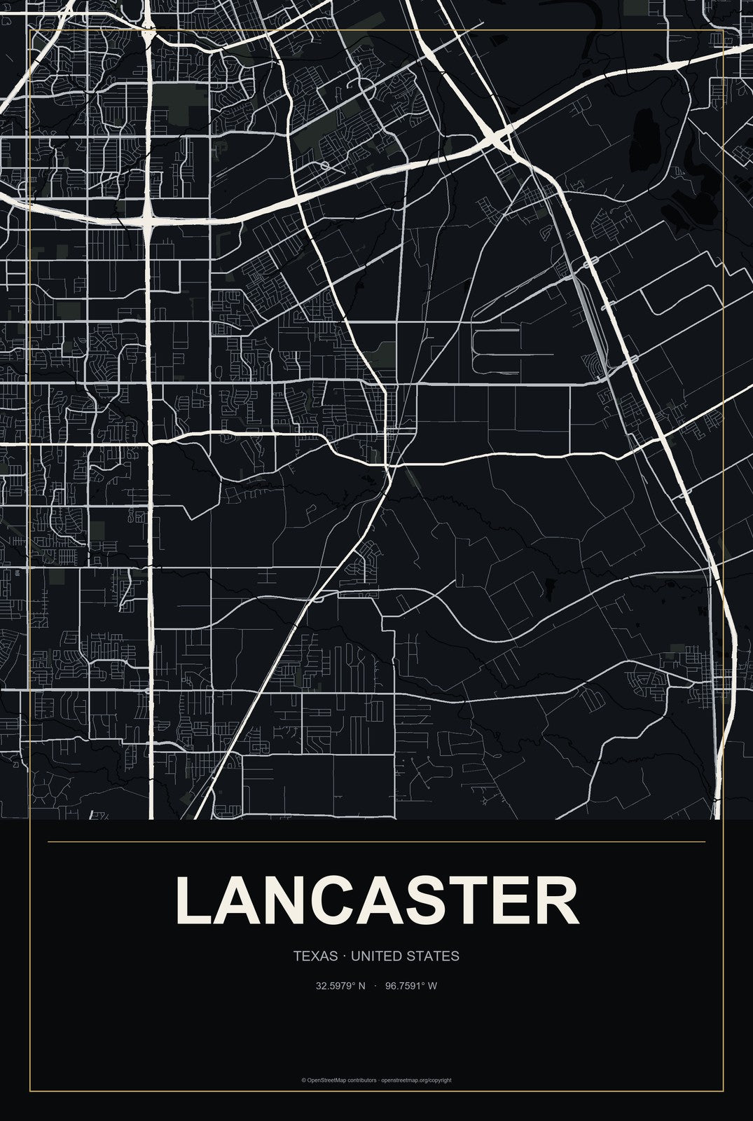 Lancaster, Texas City Map Aluminum Sign in Metropolitan Noir style