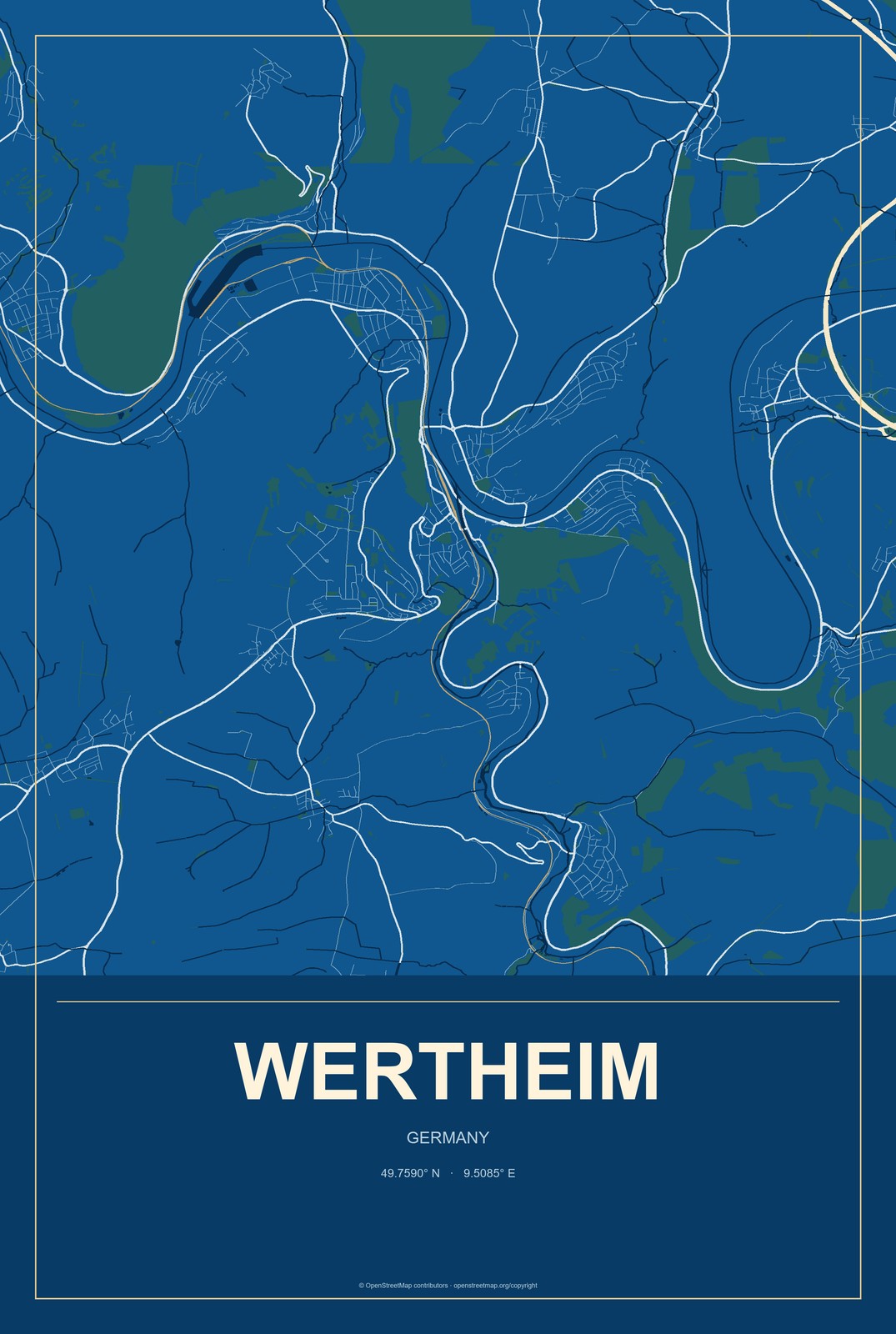 Wertheim, Germany City Map Aluminum Sign in Harbor Cobalt style