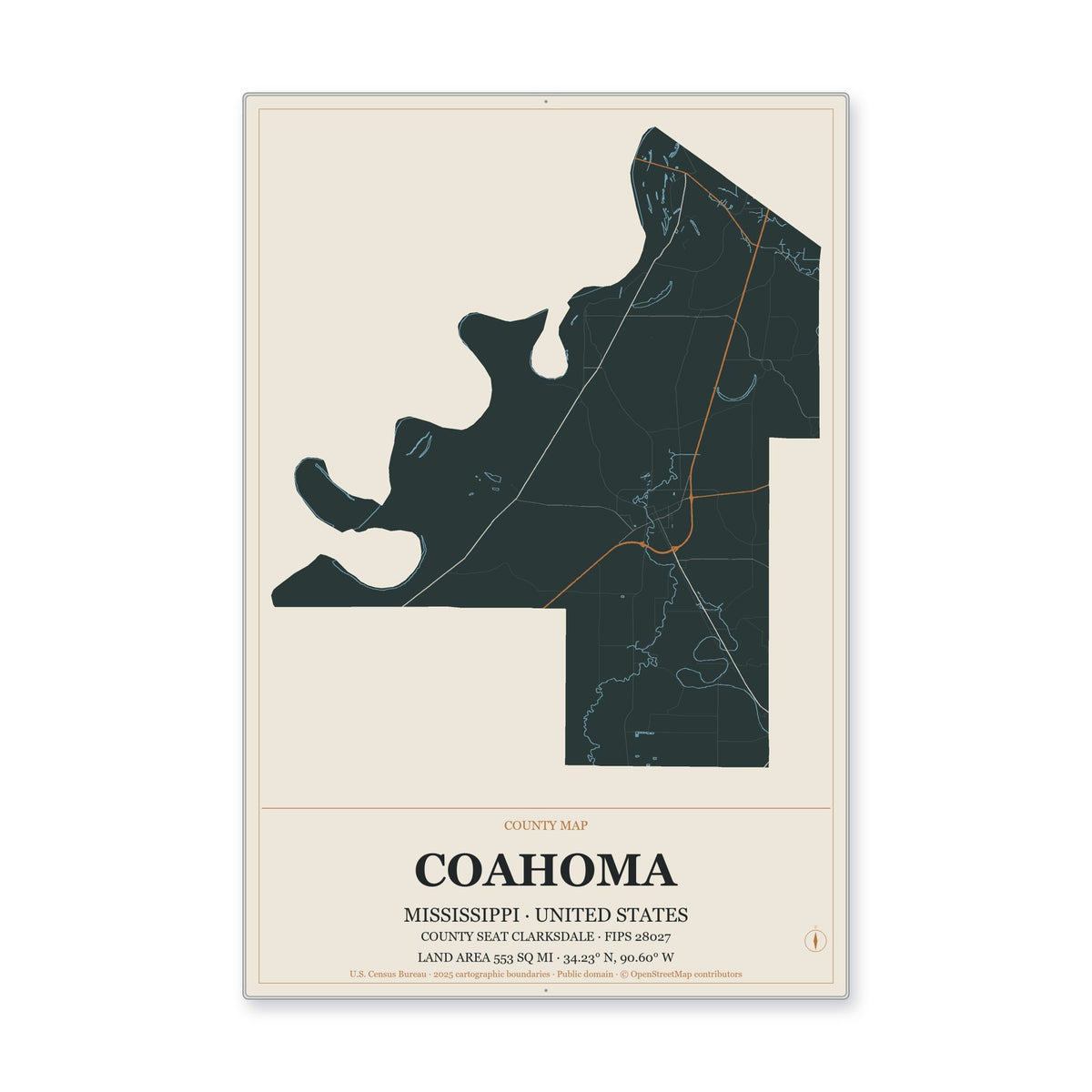 Coahoma County, Mississippi Map Aluminum Sign in Headline Atlas style