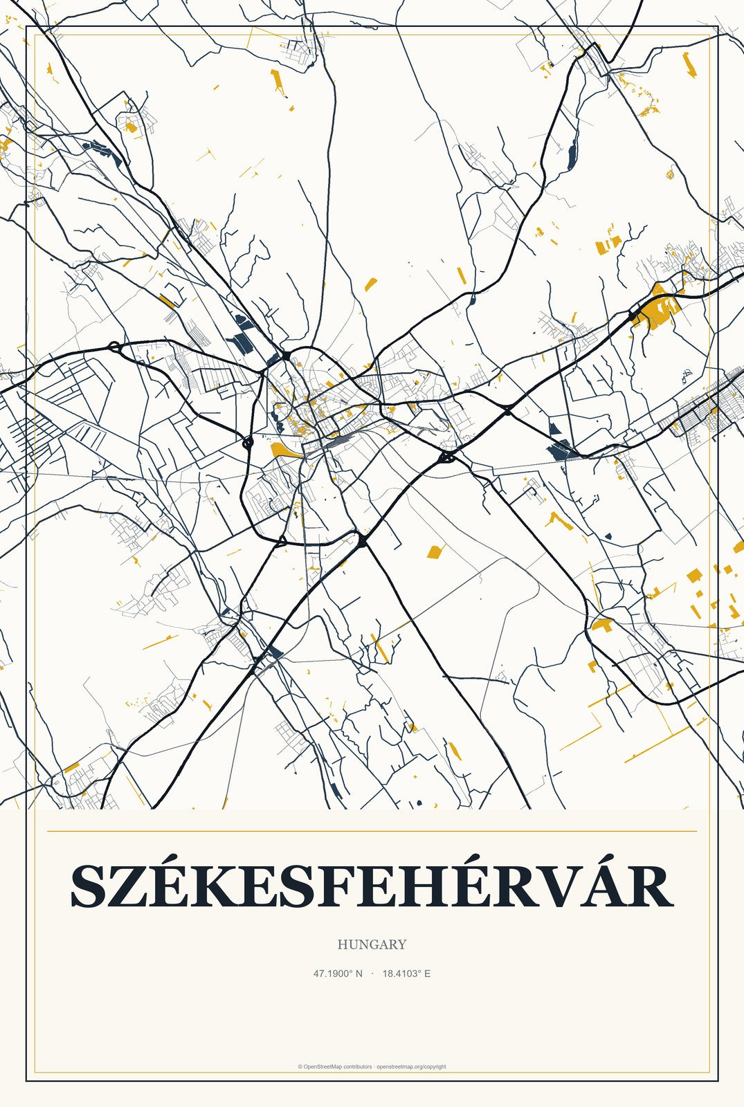 Székesfehérvár, Hungary City Map Aluminum Sign in Citrine Modern style